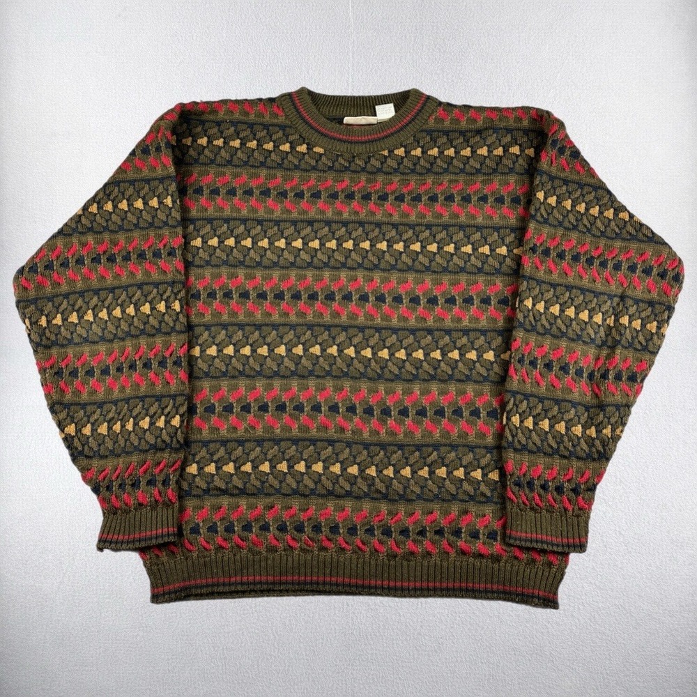 Vintage River Brand Sweater Mens Large Olive Green Geometric Wool Blend Crewneck